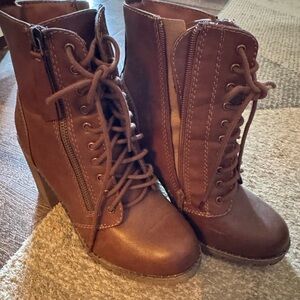 Soda Brown Lace-Up Boots with Side Zipper and Stacked Heel